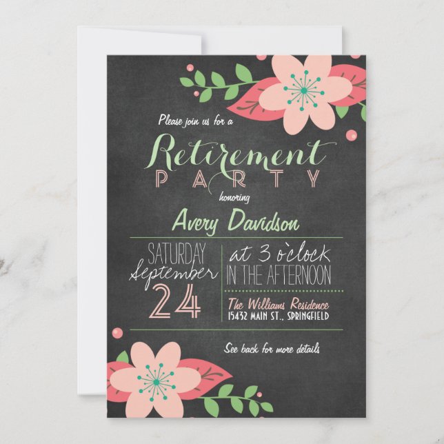 Invitation Pink & Green Floral Chalkboard Retraite Party (Devant)