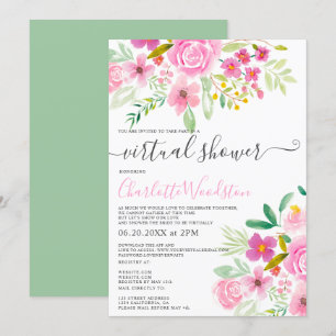 Invitation Pink green floral watercolor script douche virtuel