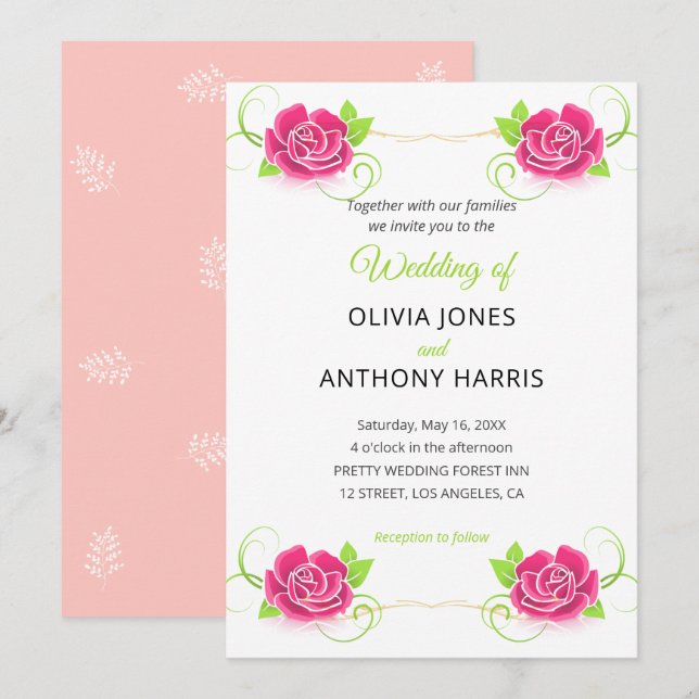 Invitation Pink Green Gold Floral Rose Wedding  (Devant / Derrière)