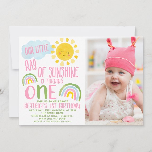 Invitation Pink Green Notre Petit Rayon De Soleil 1er Anniver (Devant)