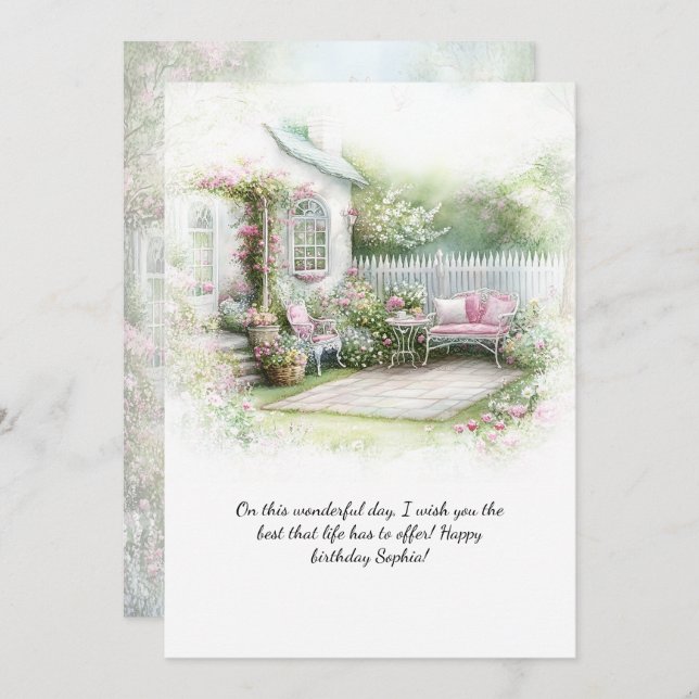 Invitation Pink Green Patio Garden Setting Birthday | (Devant / Derrière)