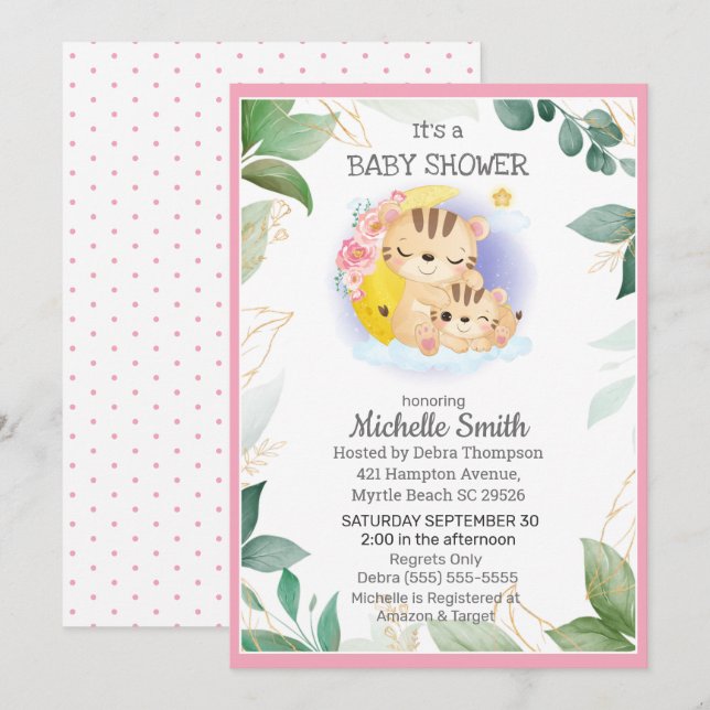 Invitation Pink Green Tiger Floral Maman Baby shower (Devant / Derrière)