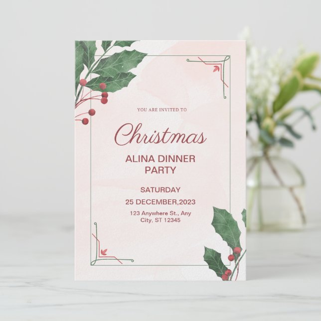 Invitation Pink & Green Watercolor Soirée de Noël (Debout devant)