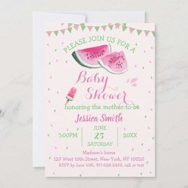 Invitation Pink Green Watermelon Baby shower glace crème Melo (Devant)