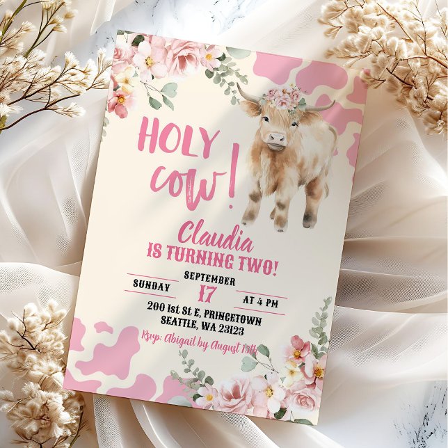 Invitation Pink Greenery Highland Cow Farm Girl Anniversaire (Créateur téléchargé)