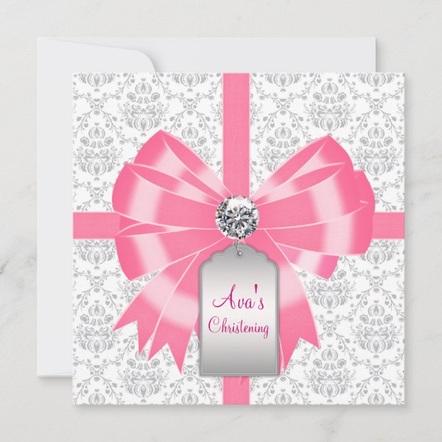 Invitation Pink Grey Damask Baby Girl Baptism Christening (Devant)