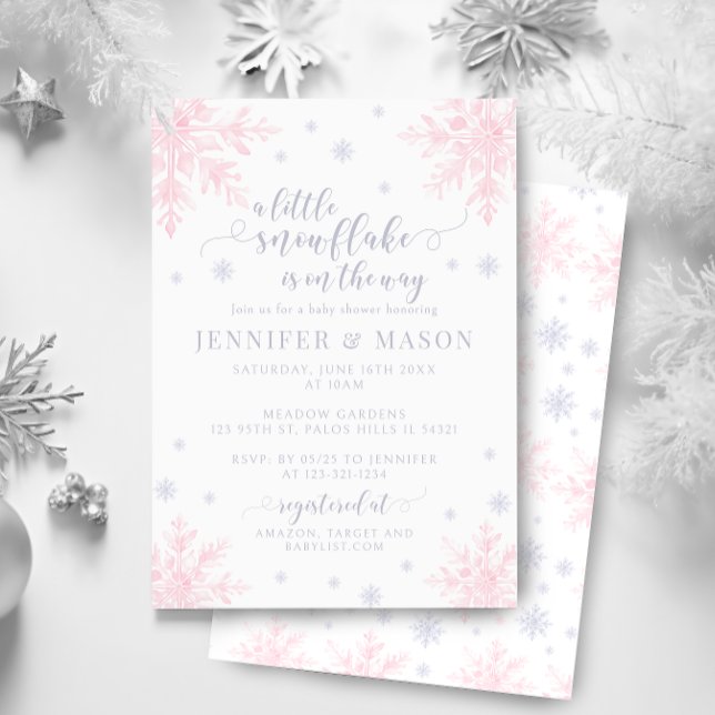 Invitation Pink Grey Petit Flocon de neige hiver Baby girl do (Créateur téléchargé)