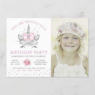Invitation Pink Grey Unicorne Visage Photo Anniversaire