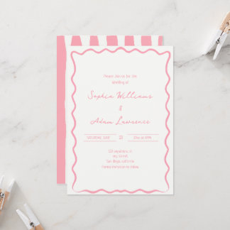 Invitation Pink Hand Written Pinstripes Whimsical Wedding