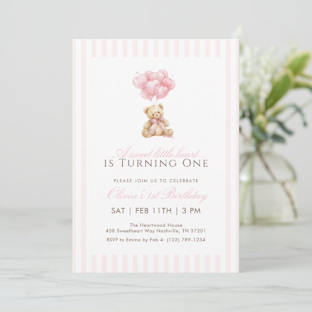 Invitation Pink Heart Balloon Teddy Bear 1st Birthday (Debout devant)