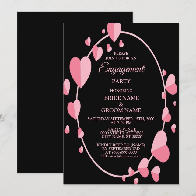 Invitation Pink Heart Black Geometric Engagement Party (Devant / Derrière)