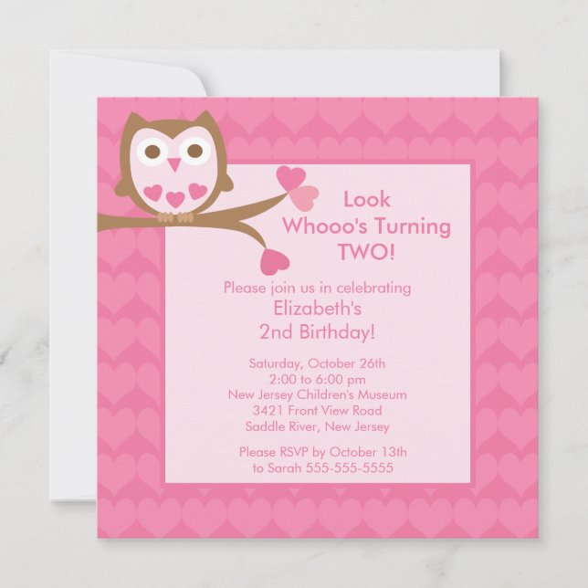 Invitation Pink Heart Owl Birthday Kithday (Devant)