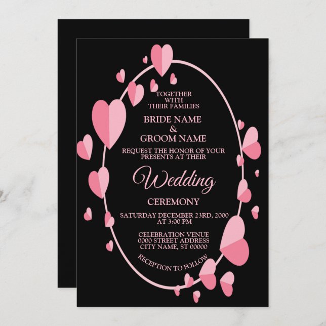 Invitation Pink Heart Pattern Black Geometric Elegant Wedding (Devant / Derrière)