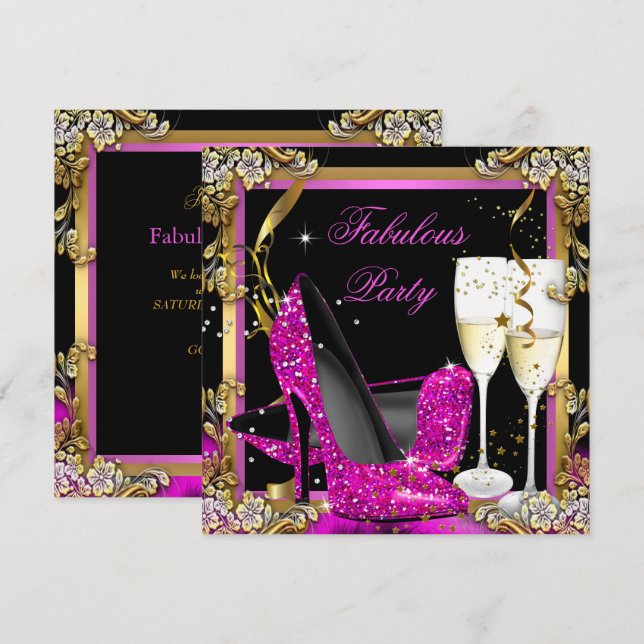 Invitation Pink Heels Gold Black Fabrique Champagne Party (Devant / Derrière)