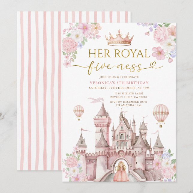 Invitation Pink Her Royal five-ness birthday Castle Crown (Devant / Derrière)
