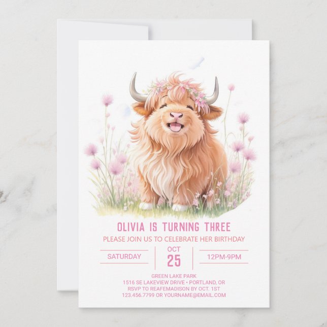 Invitation Pink Highland Cow Aventure Girl Anniversaire (Devant)