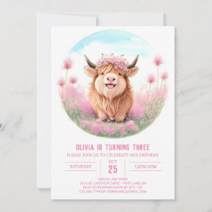 Invitation Pink Highland Cow Meadow Magie Anniversaire