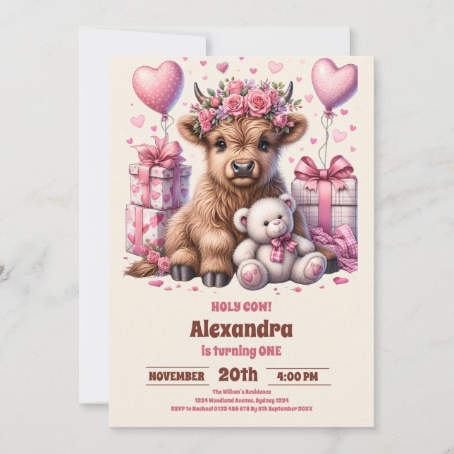 Invitation Pink Holy Cow Highland 1er Anniversaire (Devant)