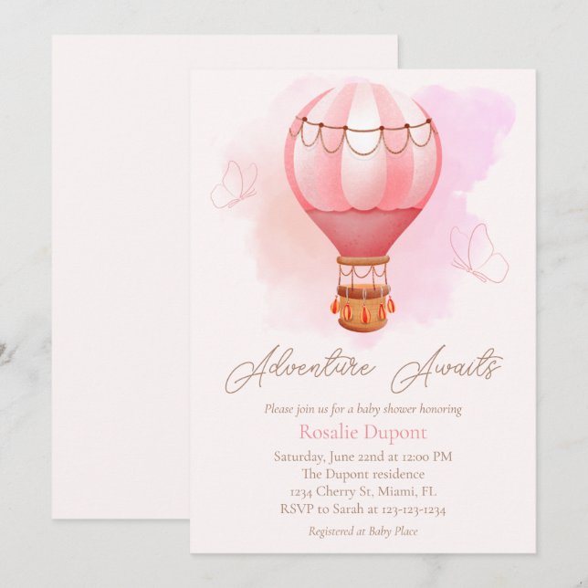 Invitation Pink Hot Air Balloon Adventure Attend Baby shower (Devant / Derrière)