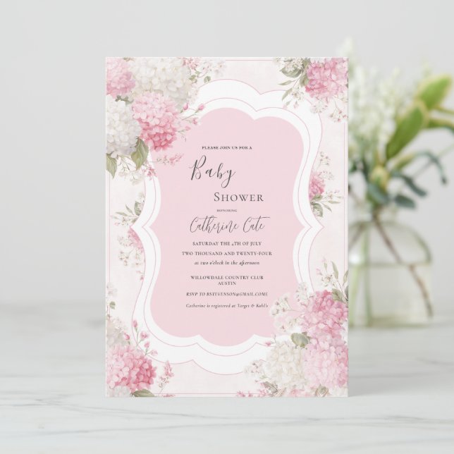 Invitation Pink Hydrangea Floral Elegant Baby Shower (Debout devant)