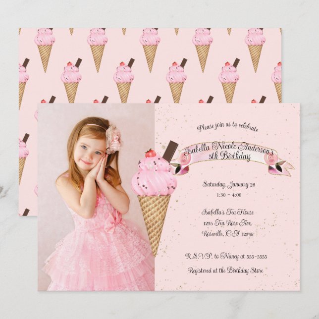 Invitation Pink Ice Cream Cone Anniversaire Photo (Devant / Derrière)