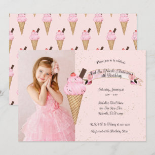 Invitation Pink Ice Cream Cone Anniversaire Photo