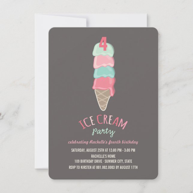 Invitation Pink Ice Cream Cone Girl 4e anniversaire Invitatio (Devant)