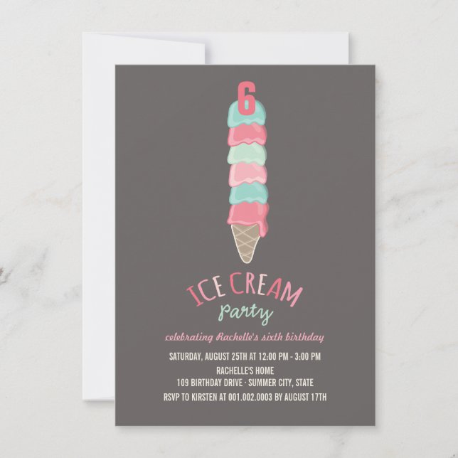Invitation Pink Ice Cream Cone Girl 6e anniversaire Invitatio (Devant)