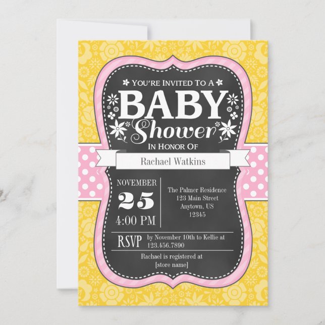 Invitation Pink Jaune Chalkboard Floral Baby shower Invitatio (Devant)
