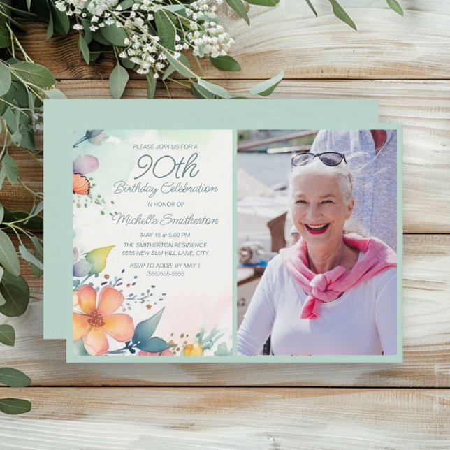 Invitation Pink Jaune Turquoise Pastel Floral 90e Anniversair (Pastel floral 90th birthday photo invitation)