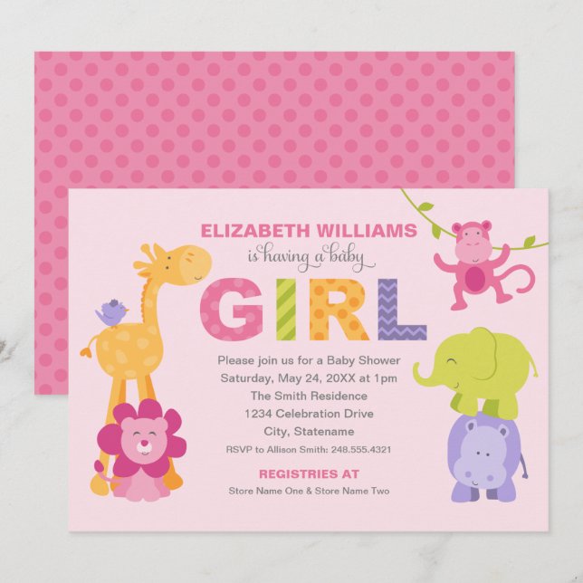 Invitation Pink Jungle Animals Girl (Devant / Derrière)