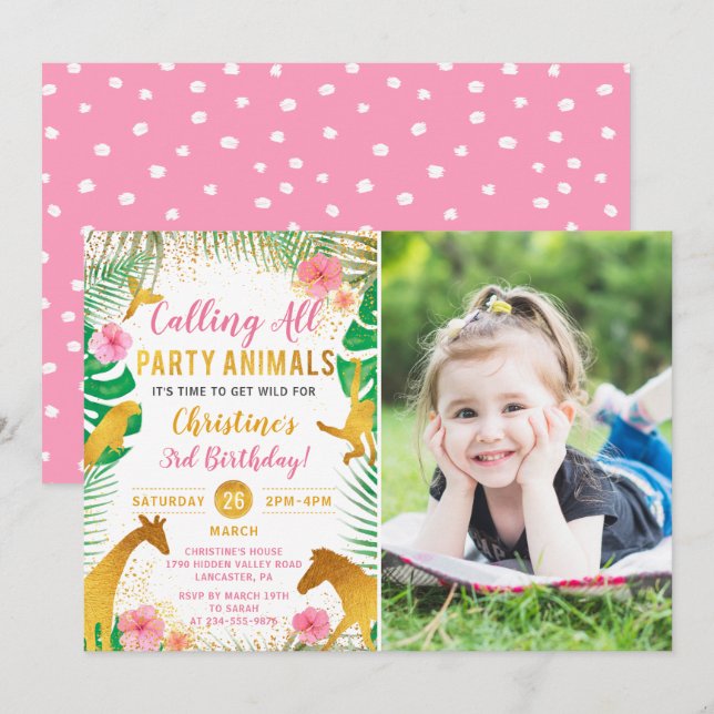 Invitation Pink Jungle Animaux Safari Girls Photo Anniversair (Devant / Derrière)