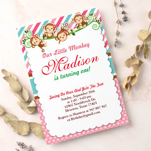 Invitation Pink Jungle Singe Safari animal Anniversaire