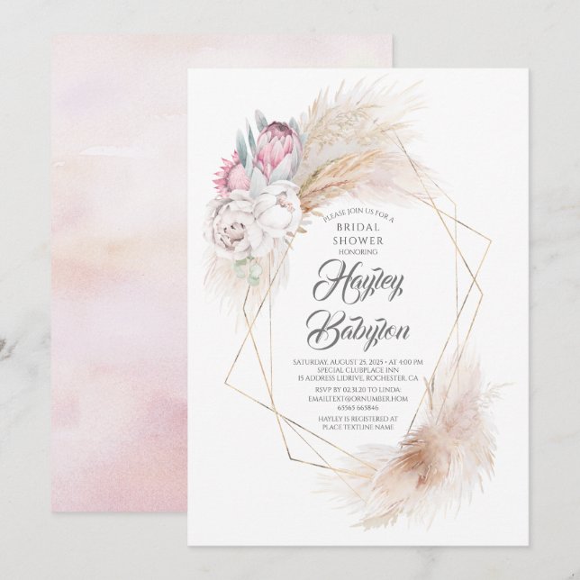 Invitation Pink King Protea et Pampas Grass Fête des mariées (Devant / Derrière)