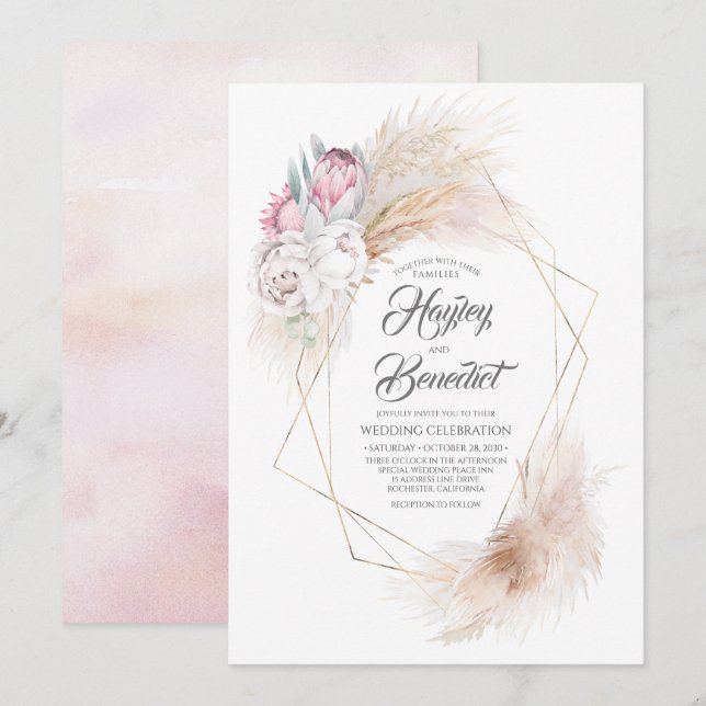Invitation Pink King Protea et Pampas Grass Mariage moderne (Devant / Derrière)