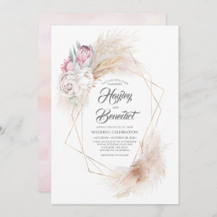 Invitation Pink King Protea et Pampas Grass Mariage moderne