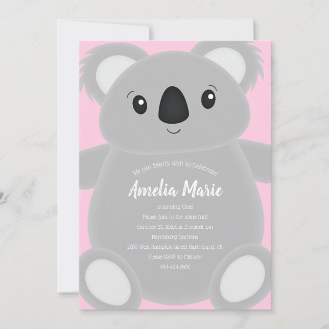Invitation Pink Koala Bear Anniversaire (Devant)
