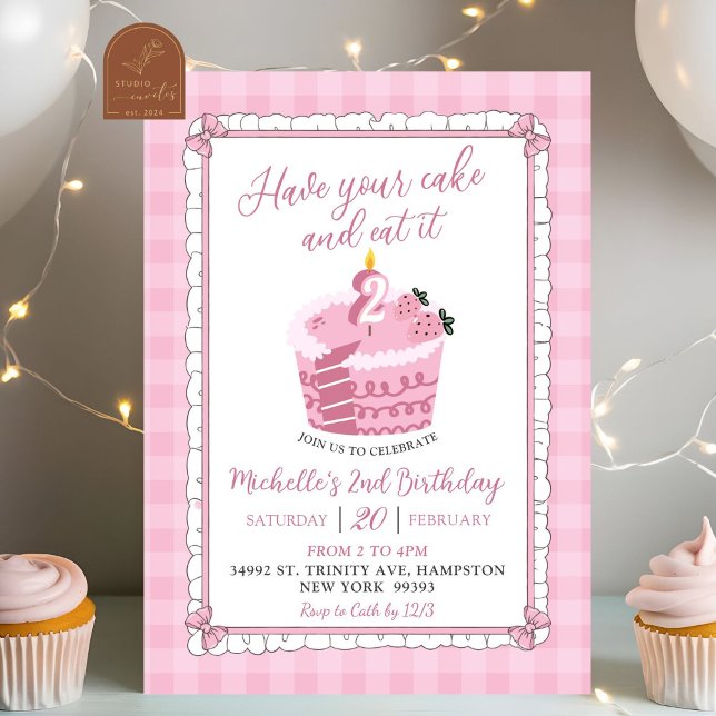 Invitation Pink Lace Bow Mange Ton Gâteau Et Le Mange Anniver (Créateur téléchargé)