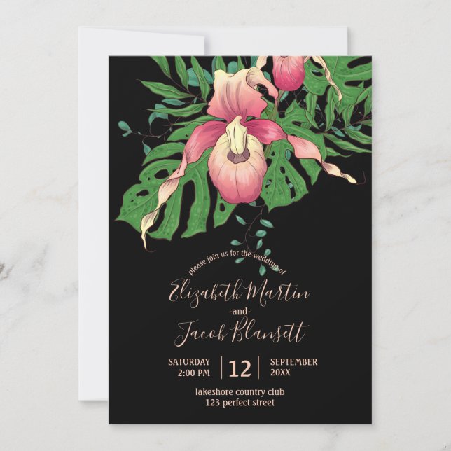 Invitation Pink Lady Slipper Orchid Mariage noir (Devant)