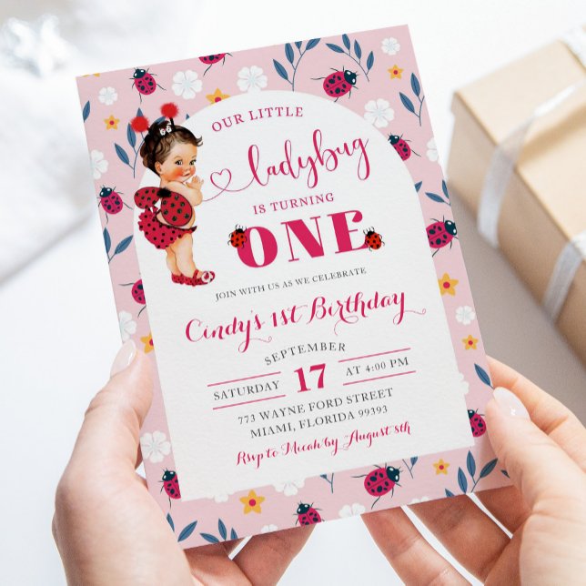 Invitation Pink Ladybug Brown fille de cheveux Premier annive (Créateur téléchargé)