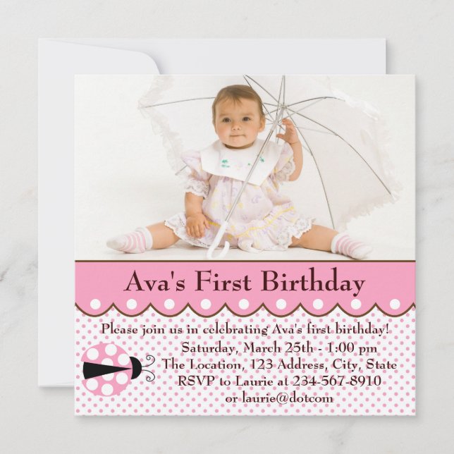 Invitation Pink Ladybug Girls Photo 1er Anniversaire (Devant)