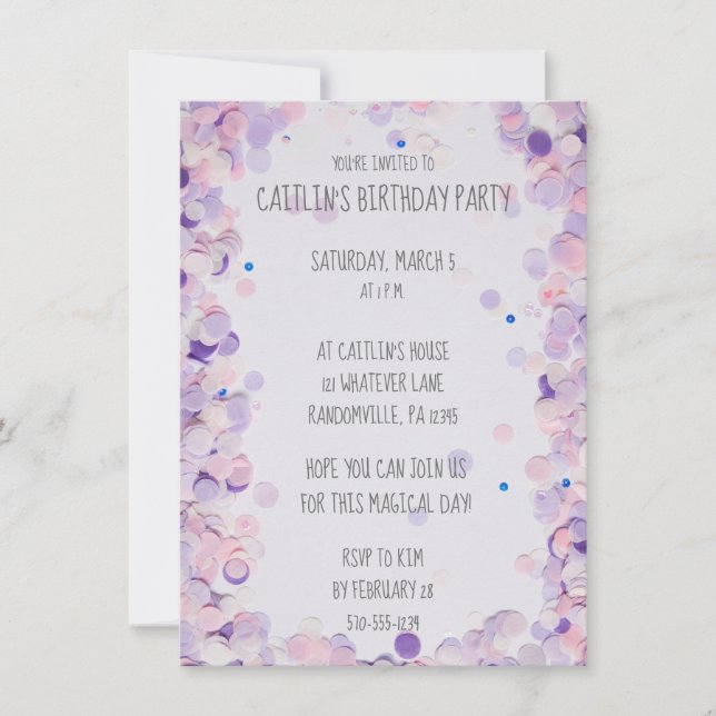 Invitation Pink & Lavender Confetti Filles Anniversaire (Devant)