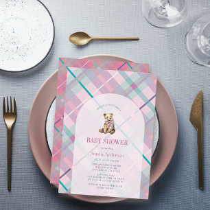 Invitation Pink & Lavender Plaid Teddy Bear Girl Baby shower