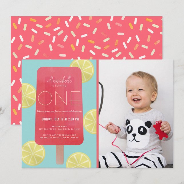 Invitation Pink Lemonade Popsicle Girl Photo 1er anniversaire (Devant / Derrière)