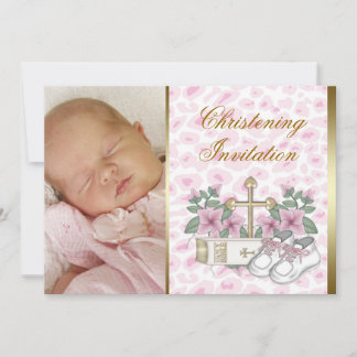 Invitation Pink Leopard Baby Girl Photo Christening