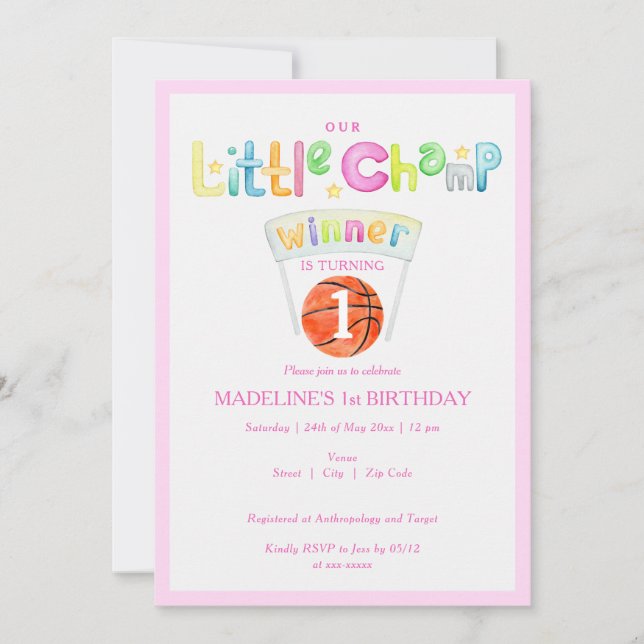 Invitation Pink Little Champ Basketball N'Importe Quel Âge Fi (Devant)