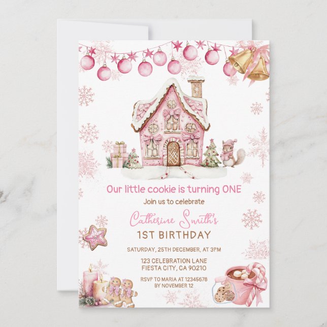 Invitation Pink Little Cookie Christmas 1st birthday  (Devant)
