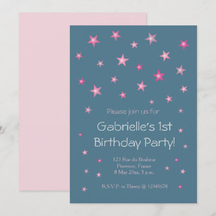 Invitation Pink Little Stars Dark Blue Baby Anniversaire de e