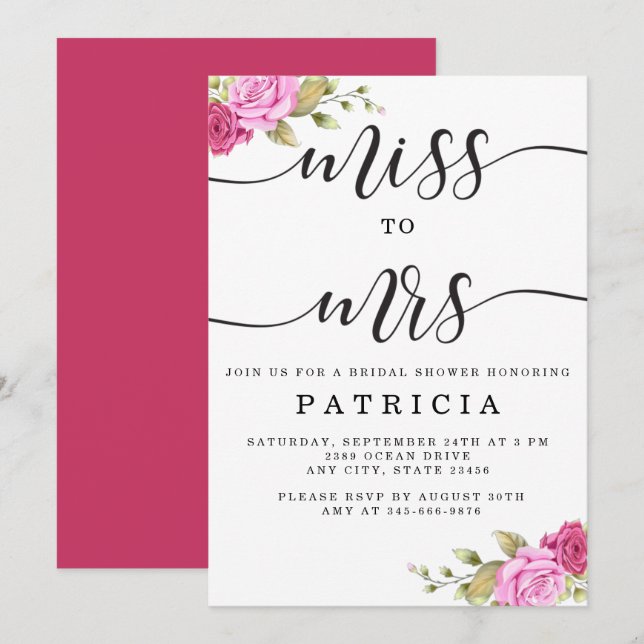 Invitation Pink Magenta Floral Miss à Mme Fête des mariées (Devant / Derrière)