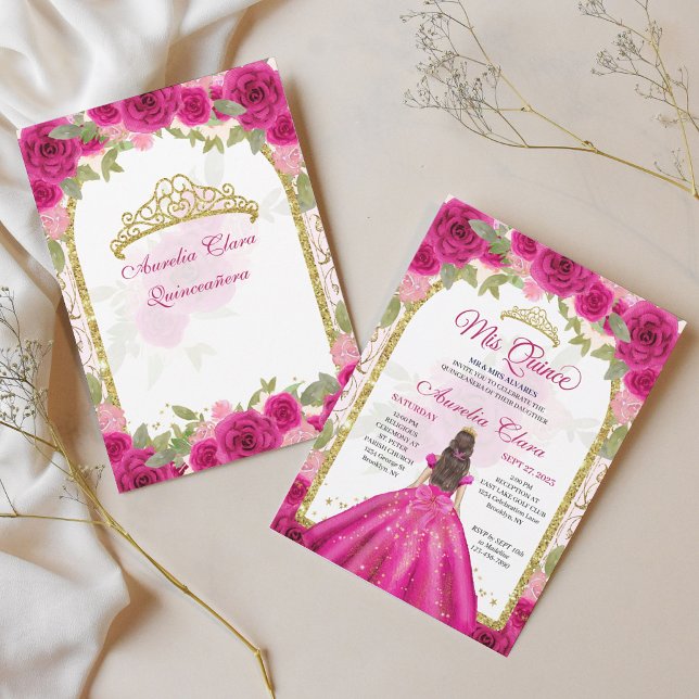Invitation Pink Magenta Floral Princess Arc Or Quinceanera (Créateur téléchargé)